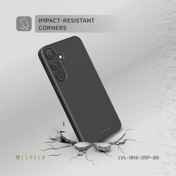 جراب Levelo Iris لهاتف Samsung Galaxy S25 Plus متوافق مع MagSafe، مصنوع من مادة السيليكون السائل الممتازة، وزوايا مقاومة للصدمات، وحلقة كاميرا معدنية، ومغناطيس MagSafe قوي - أسود