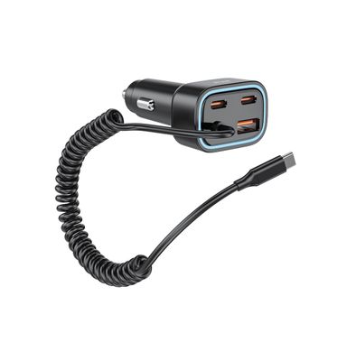 Green Lion 90W Car Charger with Dual PD, 1.2m Built-in USB-C Cable, 45W PD in 30 Minutes, QC 30W USB-A, On-the-Go Convenience, Simultaneous Charging, Soft Ambient LED, Safety Protection, 2-USB-C Ports - Gray