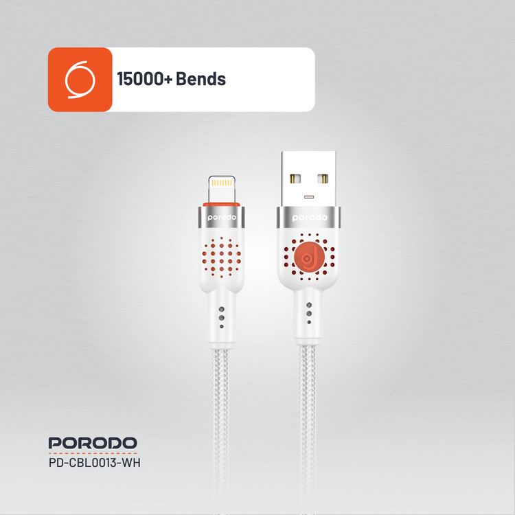 Porodo Aluminum Alloy Braided Cable USB-A to Lightning 1.2, 480Mbps Transfer Speed, 2.4A, more than 15000 Bends Life Span, Tangle Free - White