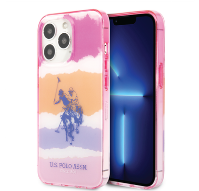 USPA PC/TPU Case with Blurred Stripes & Horse Logo iPhone 14 Pro Max Compatibility - Pink