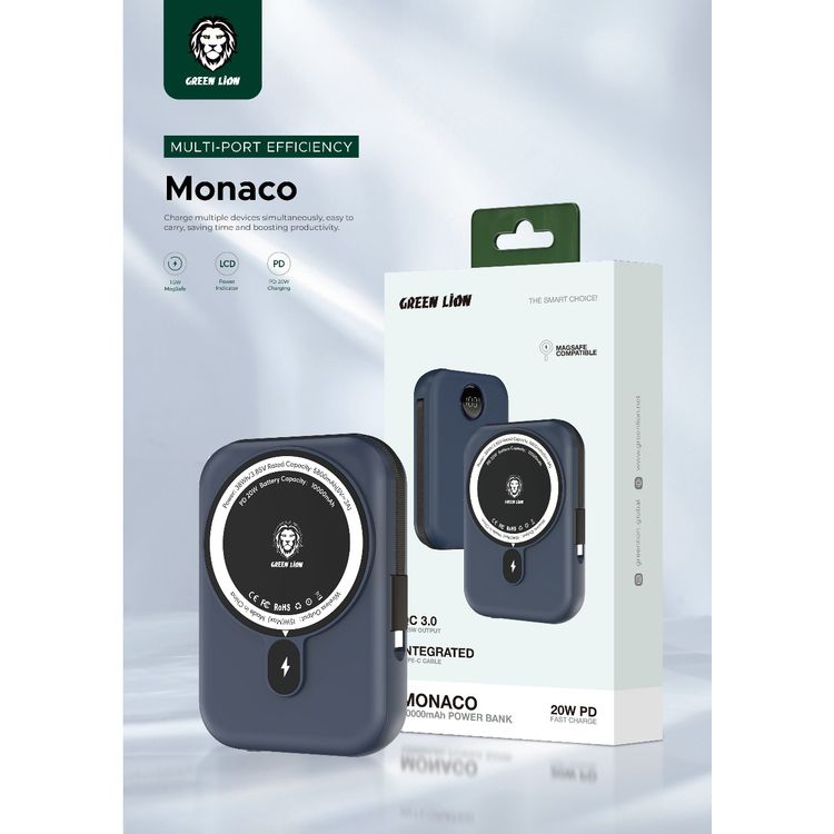 Green Lion 10000mAh Monaco MagSafe Power Bank with Built-in Type-C Cable, 20W Power Delivery, LCD Power Indicator, 15W Wireless Output, Smart Chip - Titanium Blue