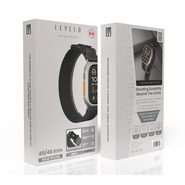 Levelo Rove Nylon Watch Strap with Magnetic Buckle, Compatible with 49/46mm Smartwatches & Apple Watch SE, Series 9, 8, 7, 6, 5, Abrasion Resistance, Hypoallergenic Material, Easy Snap-On & Quick Release Mechanism, Water-Resistant, Sweat-Resistant, 24/7 Wearability - Gray