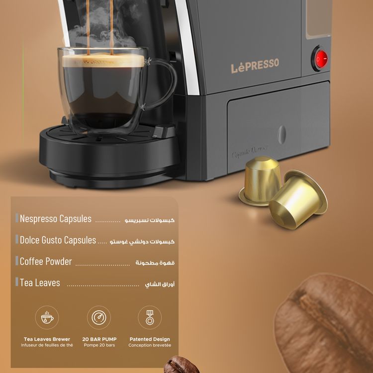 LePresso Multifunctional Coffee Machine with Italian Pump, Patented Design, Tea Leaves Brewer, 20 Bar Pump, 1400W Power - Black