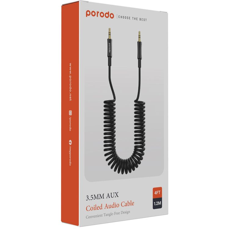 Porodo 3.5mm AUX to 3.5mm AUX Coiled Audio Cable with 1.2m Length, Universal Compatibility, Auto-Retract & Tangle-Free Design - Black