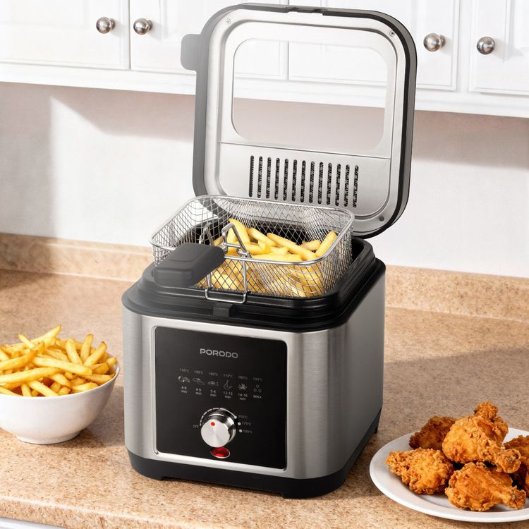 Porodo Stainless Steel 2.5L Deep Fryer with Cool-Touch Handle, 1200W Rated Power, Non-Stick Frying Basket, Adjustable Temperature, Advanced Air Circulation - Silver