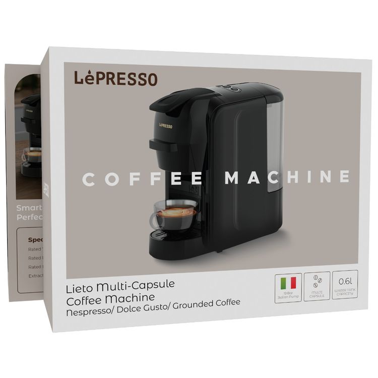 LePresso Lieto Multi-Capsule Coffee Machine with 600mL Water Tank Capacity, Fast & Efficient Brew, 19 Bar Pump, Energy Efficient, User Friendly Interface - Black