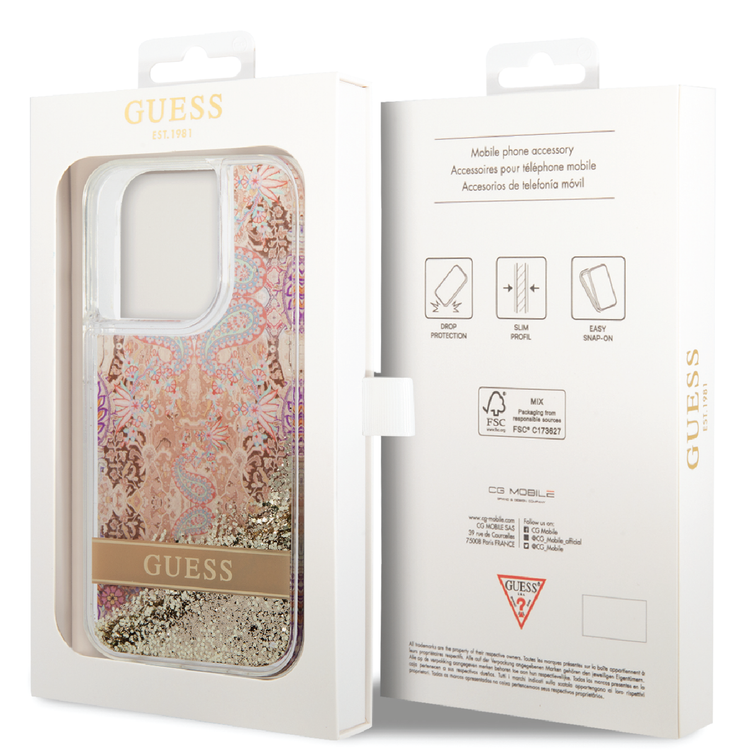 Guess Liquid Glitter Case with Flower Pattern Extra Shine Smooth Touch Feel iPhone 14 Pro Compatibility - Gold