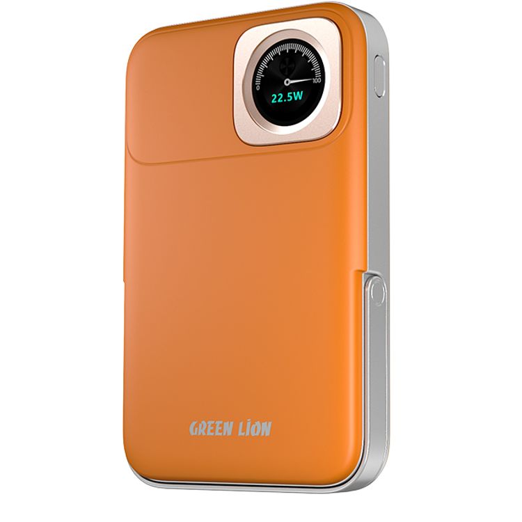Green Lion Volt Gauge 10000mAh Power Bank PD 22.5W with iWatch Wireless Charging, MagSafe Compatible, Real-Time Power Display, Dual USB-C Ports, MagSafe Compatible, Flight Approved, Built-in Kickstand - Orange