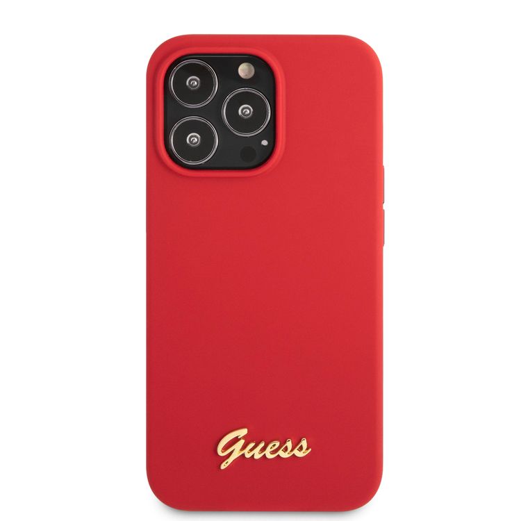 CG MOBILE Guess Liquid Silicone Case with Gold Metal Logo Script Compatible for iPhone 13 Pro (6.1") Anti-Scratch, Easy Access to All Ports, Shock Absorption