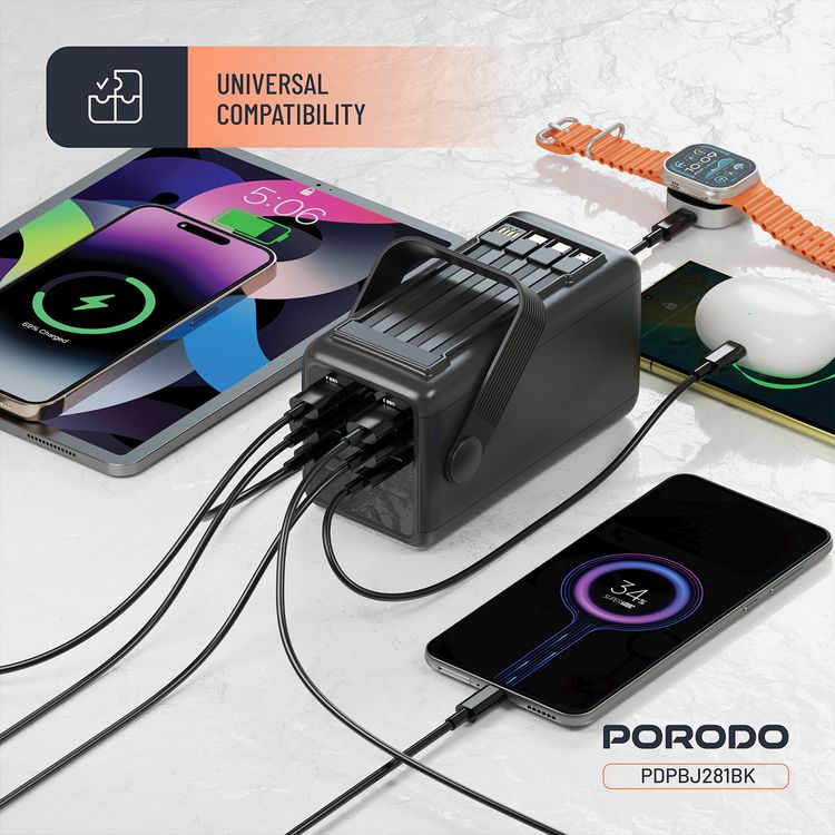 باور بانك بورودو لارا 50000 مللي أمبير/ساعة مع مصباح يدوي، مقبض محمول، PD 20 وات، شحن سريع، منفذين USB-A وUSB-C وMicro، 4 كابلات مدمجة، توافق عالمي - أسود