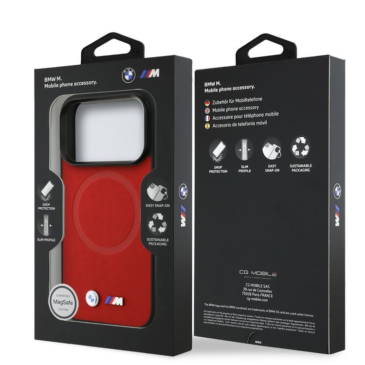 BMW MagSafe Full Wrapped Leather Case with Metal Logos for iPhone 17 Pro, Sustainable Packaging, Easy Snap-On Design, Slim Profile, Drop Protection - Red