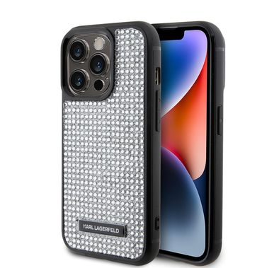 حافظة كارل لاغرفيلد بلوحة معدنية مع حجر الراين وشعار لهاتف iPhone 15 Pro - فضي