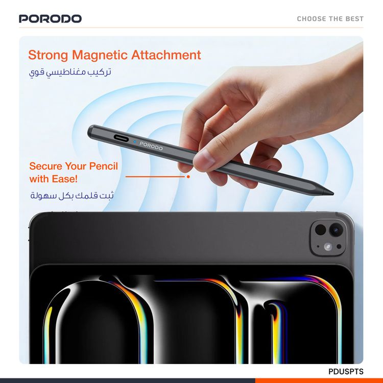 Porodo Universal Pencil For Mobile and Tablet with 1.5mm Tip, 30 Days Standby Time, 8 to 10 Hours Working Time, 1.5 Hours Charging Time, 140mAh Battery Capacity - Black