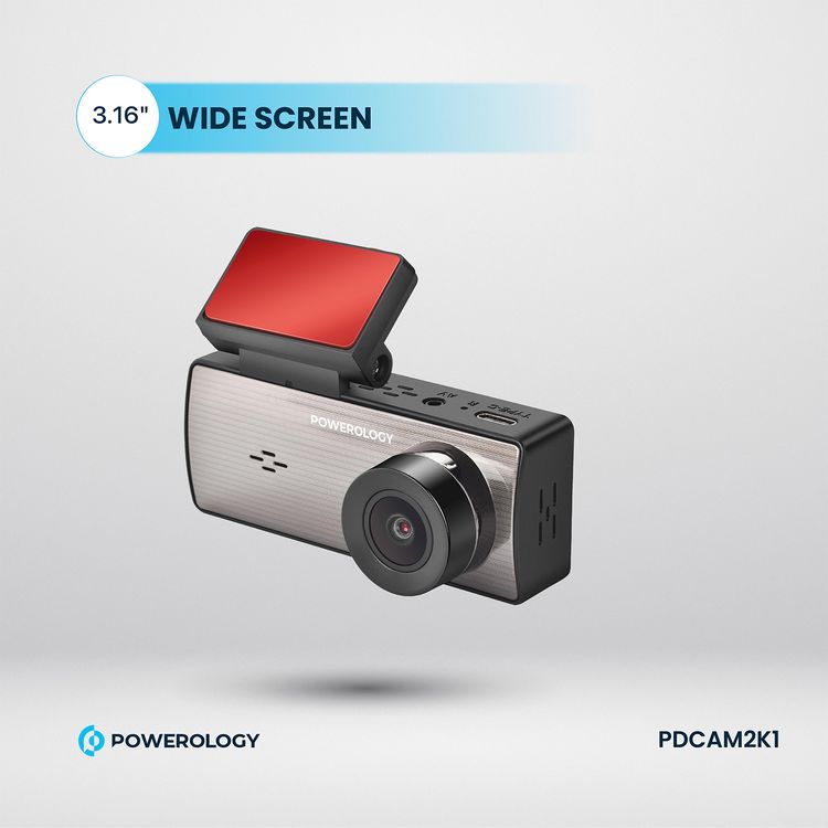 Powerology Dual Recording Dash Camera, Built-in Microphone & Speaker, 150° 4-Lane View, Collision Detection, 3.16" Wide Screen, Patented Design, Loop Recording, Parking Monitor, Type-C Charging Port, MP4 Video Format & JPG Photo Format - Black