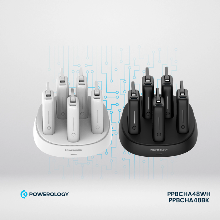 Powerology 5 x 10000mAh Power Bank Station with 50W PD, USB-A, USB-C, Type-C Built-in Cable, 12V/1A Max Contact Input, Rapid Recharging Station, High-Density Batteries, Type-C Built-in Cable, 5V/3A Total Output, Built-in Safeguards - White
