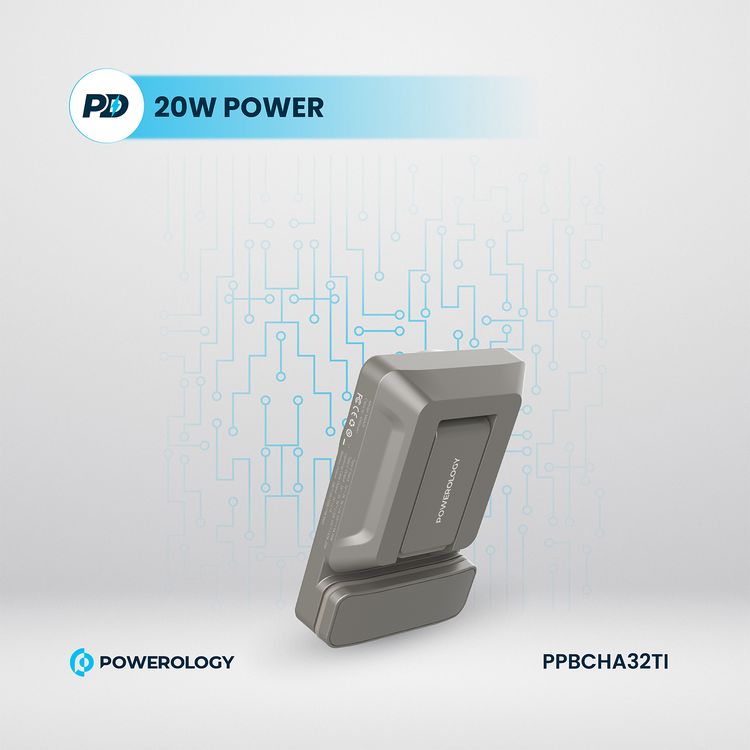 Powerology Car Mount 5000mAh Power Bank with Magnetic Wireless Charger, MagSafe Charging, PD 20W Fast Charge, Folding Air-Vent Clip, LED Indicator, Built-In Type-C Cable, Lightweight & Portable - Titanium