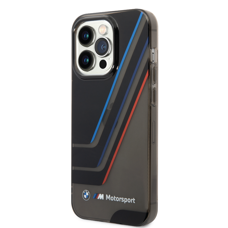 BMW Motorsport Collection PC/TPU IML Printed Tricolor Stripes, Translucent Zones Phone 14 Pro Max Compatibility - Black