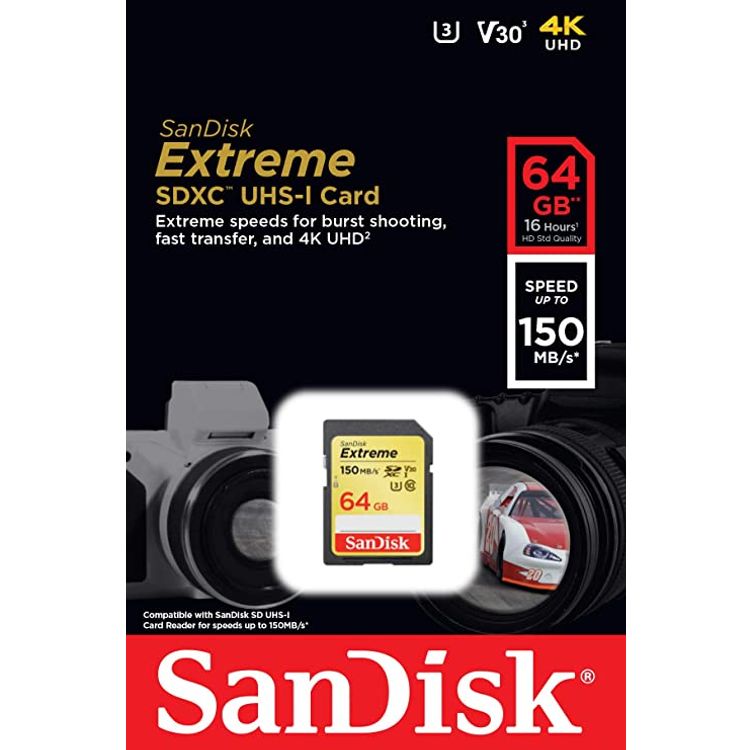 Sandisk Extreme SDXC Card 64 Gb 150 Mb/s V30 UHS-I U3 - SDSDXV6-064G-GNCIN Memory Card - Black