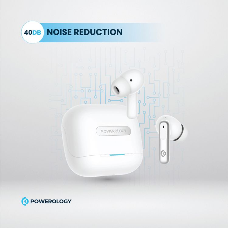 سماعات أذن لاسلكية حقيقية هجينة من Powerology مع ANC + ENC و6 ميكروفونات وبلوتوث الإصدار 5.3 ومنفذ شحن من النوع C - أبيض 