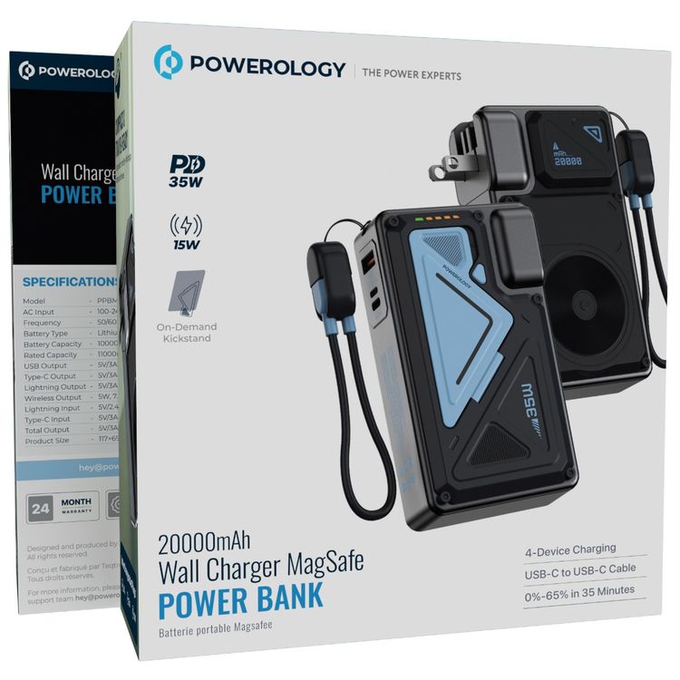 Powerology 20000mAh MagSafe Power Bank with Wall Charger, PD 35W, 15W Wireless Charger, On-Demand Kickstand, Single USB-A & USB-C & Lightning Ports, US/ EU/ UK Interchangeable Plugs - Black