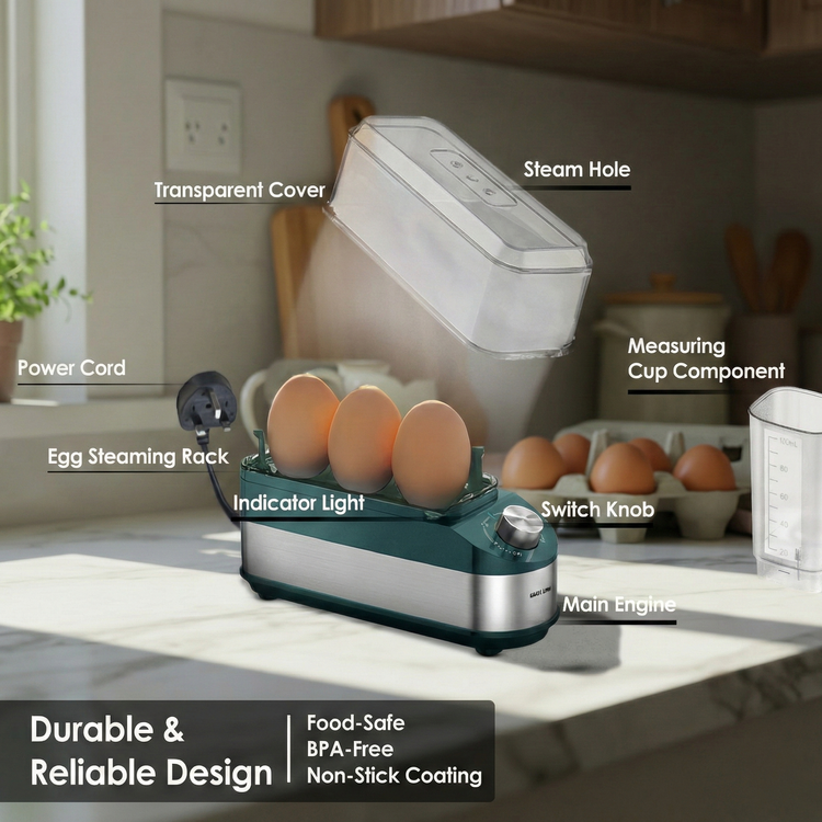 Green Lion Trio Egg Cooker with Auto Shutoff, Rotatory Knob, Non-Stick Coating, BPA-Free Plastic, 210W Rated Power - Green