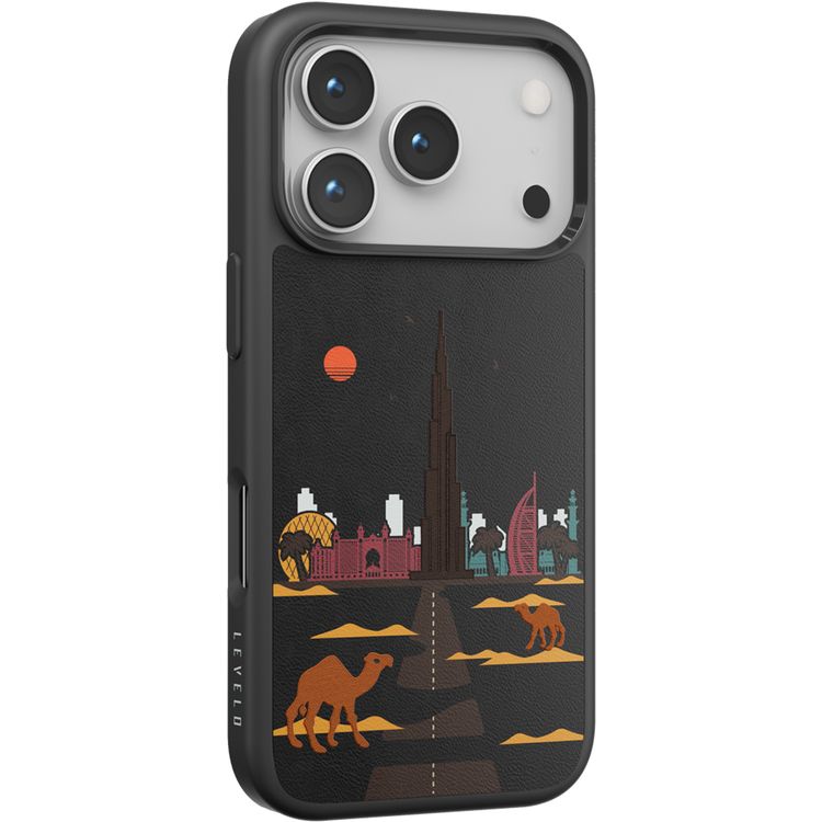 Levelo Vallo PU Leather Case for iPhone 17 Pro Max with Embroidery Dubai Finish, Comfortable Hold, Durable PU Leather, Raised Bezels for Camera and Screen, True Microfiber Interior Lining, Scratch & Wear Resistant, Shock-Resistant Bumper - Midnight Black