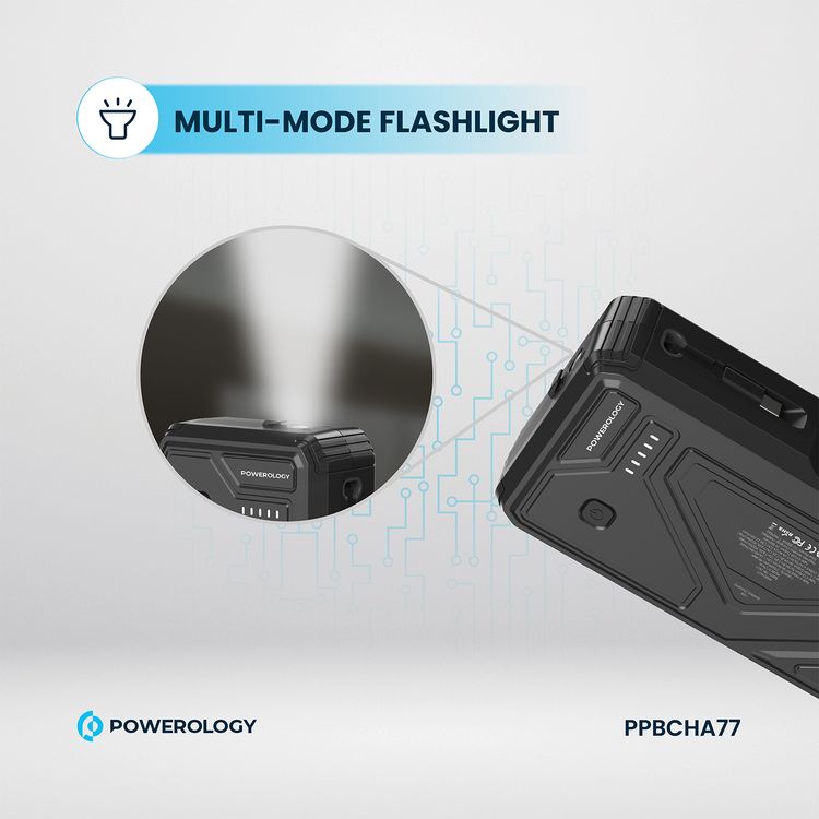 Powerology 27000mAh Solar Wireless Charging Power Bank with Simultaneous Charging, Multi-Mode Flashlight, 0% - 65% Charging in 35 Minutes, 70mm Cable Length - Black