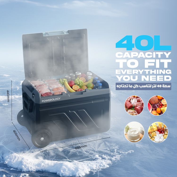 ثلاجة باورولوجي المحمولة بسعة 40 لتر مع حجرة مزدوجة وعربة، سعة 40 لتر، بطارية بسعة 20800 مللي أمبير - رمادي