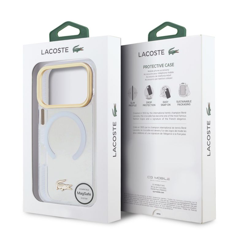 غطاء لاكوست ماج سيف شفاف مصنوع من TPU وPC بتشطيب متجمد لهاتف آيفون 17 برو ماكس، حماية من السقوط، تصميم نحيف، تغليف مستدام، تصميم سهل التركيب - أبيض / ذهبي