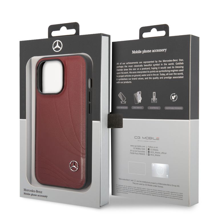 CG MOBILE Mercedes-Benz Genuine Leather Case With New WaveIII Pattern, Compatible w/ 14 Pro (6.1") Scratch & Drop Protection, Wireless Charger Compatibility - Red