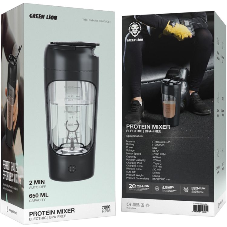 Green Lion Protein Mixer with 650mL Capacity, 1200mAh Battery Capacity, Tritan + ABS + PP Material, Type-C Charging Port,  2.5 Hours Charging Time, 30 Minutes Working Time - Black