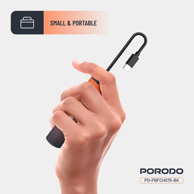 بنك طاقة بورودو PB075 بسعة 5000 مللي أمبير/ساعة مع كابل Type-C مدمج، PD 20 وات، ×2 منفذ Type-C، تصميم محمول، يدعم الشحن السريع - أسود