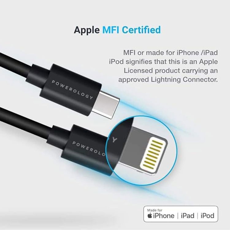 Powerology USB-C to Lightning Braided Cable with 2m Length, Fast Charging & Data Sync, Overheat & Overcurrent Protection, MFI Device Compatible, Fire-Resistant PVC Material - Black