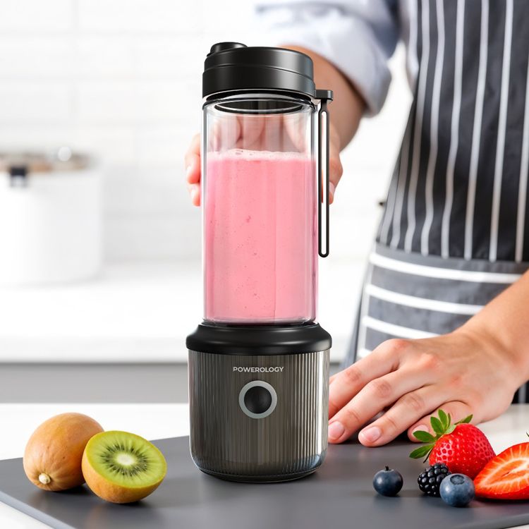 Powerology Press & Refresh Portable Blender with 450mL Capacity, 126W Motor Power, Sharp Steel Blades, Leakproof, BPA-Free Material, 16500RPM Motor Speed - Black