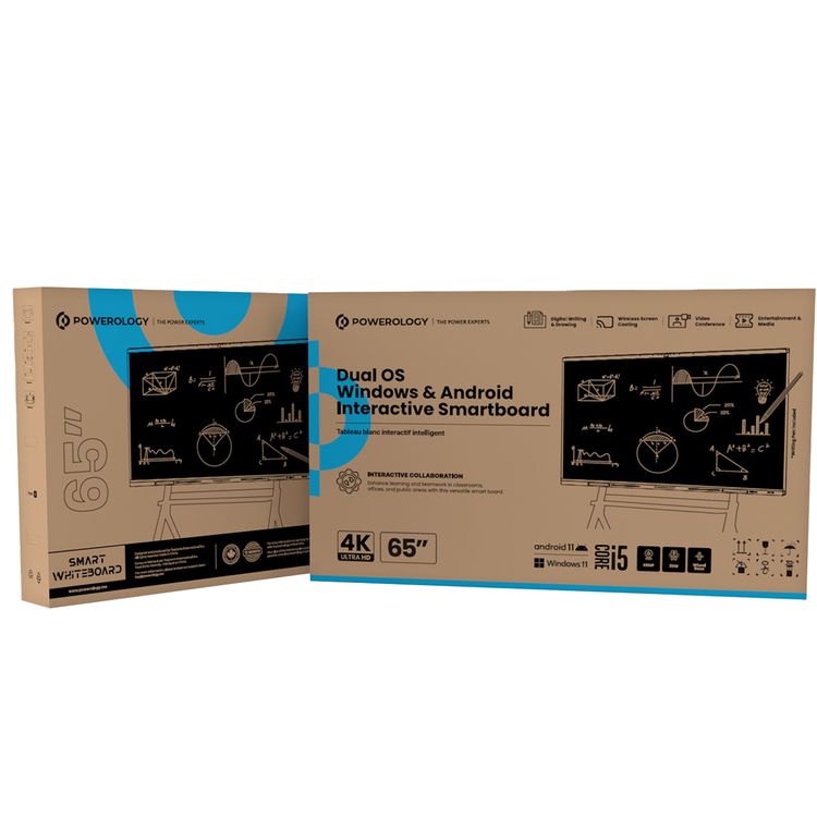 Powerology Dual Windows & Android Interactive Smartboard, Wireless Screen Casting, Digital writing & Drawing, Bluetooth V5.0, 65" D-LED Backlight Display, 8GB RAM, 128GB Storage - Black