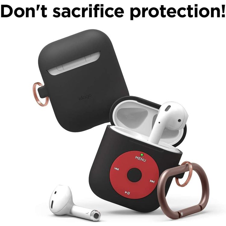 Elago AW6 Hang Case Designed with Anti-Lost Carabiner Compatible for Apple AirPods  1 & 2 Generation, Classic Music Player Design, Supports Wireless Charging, Scratch Resistant