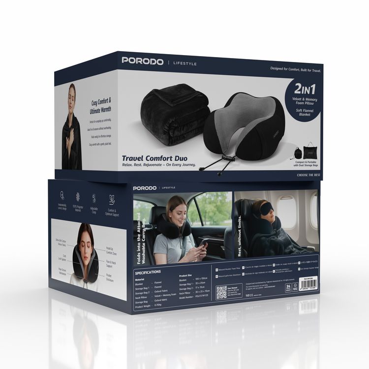 Porodo Lifestyle Travel Comfort Duo 2-in-1 Velvet & Memory Foam Pillow and Soft Flannel Blanket with Adjustable Clasp, Comfort & Optimum Support, 100% Polyester Material, Anatomically Correct Design, Ultra-Soft Cotton Velour Fabric, Cord Lock System, Head-Up Comfort Zone, Pocket Enclosure - Black