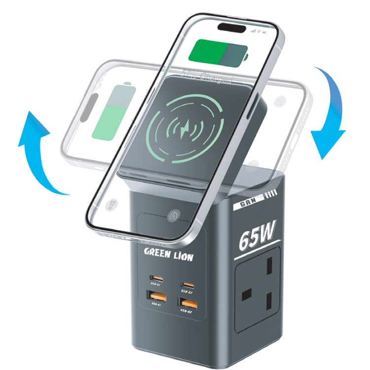 Green Lion GaN 65W Multi-Port Travel Adapter with 8-in-1 Station, ABS & PC Material, 2× AC Sockets, 2× USB-C & 2× USB-A Ports, 80cm Retractable Cable, 2500W Max Power, MagSafe Compatible, GaN Technology, Wide Compatibility, Safety Shutters - Black