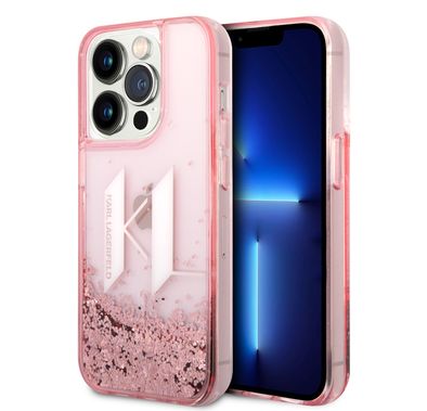 جراب كارل لاغرفيلد السائل اللامع لجهاز 14 برو، شعار KL كبير، حماية من السقوط والصدمات، مضاد للخدش، مصنوع من السيليكون، تصميم رفيع، سهل التركيب - وردي