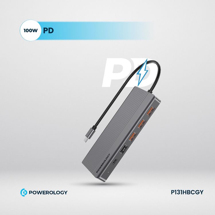 Powerology 13-in-1 USB-C Hub, 4K, HDMI, Type-C, 100W PD, Ethernet, USB SD MicroSD, 3.5 AUX - Gray