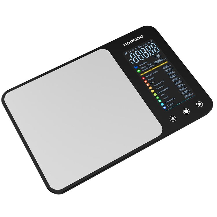 Porodo Kalio Smart Food Kitchen Scale with 3-5000g Weighing Range, IPX5 Water Resistant, Tempered Glass Platform, 5°C to 40°C Operating temperature - Silver 