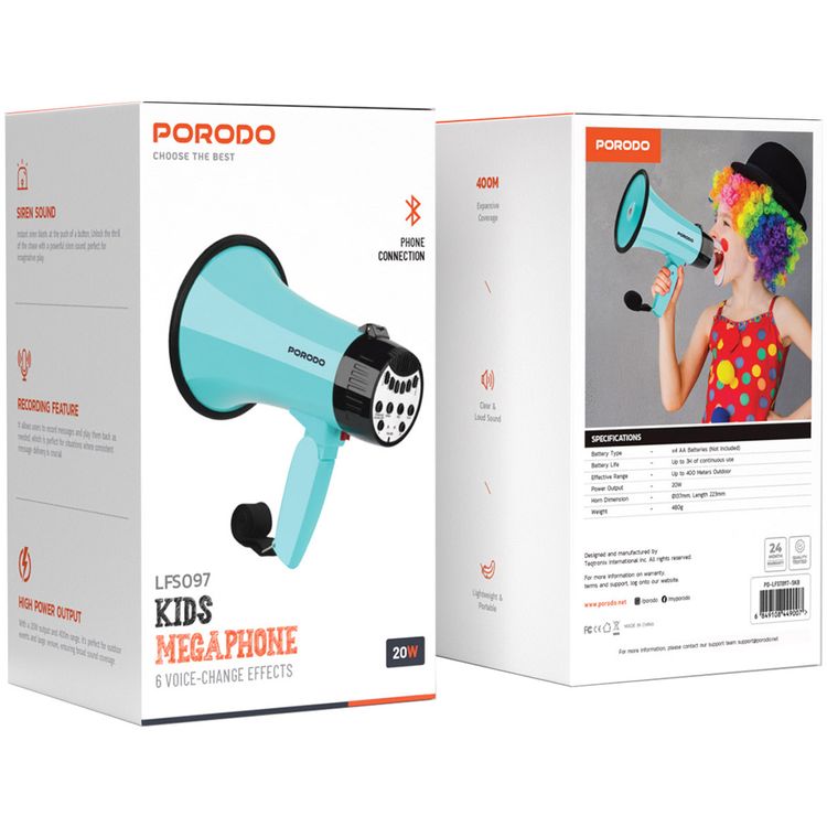 Porodo Kids Megaphone with 6 Voice-Change Effects, 20W Power Output, Up to 400m Effective Range, Siren Sound, Bluetooth Phone Connection, Up to 3 Hours of Battery Life - Sky Blue
