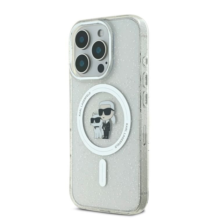 Karl Lagerfeld Magsafe IML Glitter Hard Case for iPhone 16 Pro Max with Karl & Choupette Logo, Slim Profile, Easy Snap-on, Drop Protection, Lightweight, Sustainable Packaging- Clear