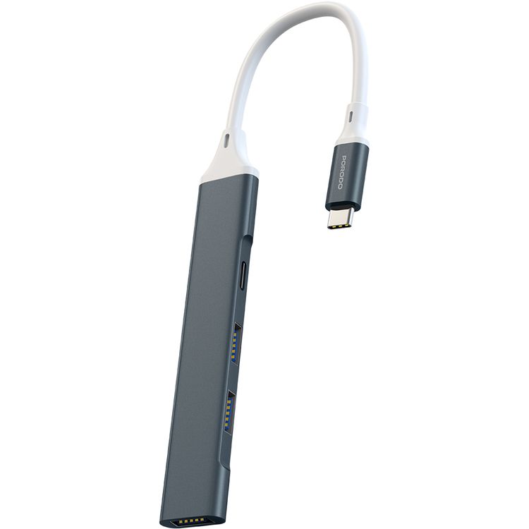 Porodo 4-in-1 Multi-Port USB-C Hub with Fast Data Transfer, Plug and Play Operation, Durable Aluminum Build, 2× USB 2.0, USB 3.0, USB-C Port, 5 Gbps USB 3.0 Transfer Rate, Aluminum Alloy and TPE Material - Gray