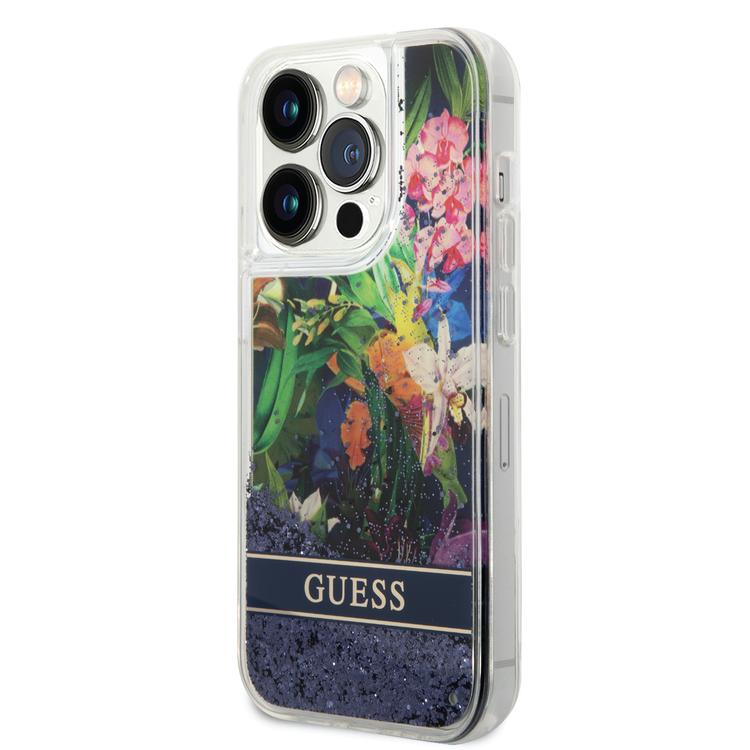 Guess Liquid Glitter Case with Flower Pattern Extra Shine Smooth Touch Feel iPhone 14 Pro Max Compatibility - Blue