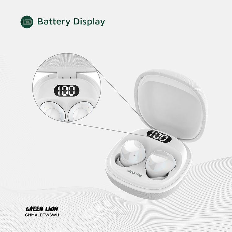 سماعات الأذن اللاسلكية الحقيقية جرين ليون مالبون مع تقنية ENC، وميكروفونات مزدوجة، ومنفذ شحن من نوع C، وإصدار بلوتوث 5.4. مدى بلوتوث 10 متر، بطارية علبة بسعة 300 مللي أمبير، وقت شحن ساعتين، ووقت استعداد 21 ساعة، عرض مستوى البطارية - أبيض