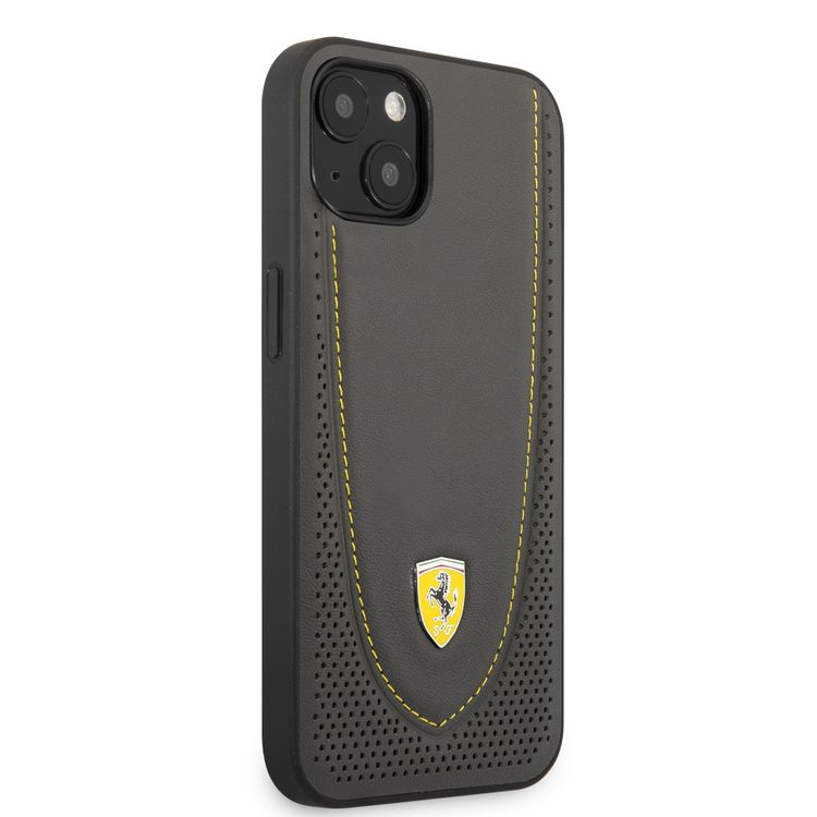 CG MOBILE Ferrari Genuine Leather Hard Case with Curved Line Stitched & Perforated Leather Compatible for iPhone 13 (6.1") Shock & Scratches Resistant