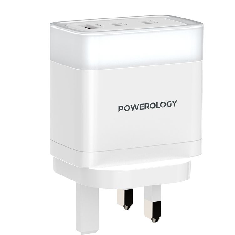 Powerology Lunex Series 3-Port Fast Charging Adapter with UK 3-Pin Power Plug, 65W PD USB-C Output, 22.5W QC USB-A Output, Multi-Device Charging, Powerful Laptop Charging, Universal Protocol Support - White