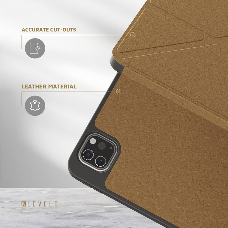 Levelo Elegante Hybrid Leather Case for iPad Pro 11" (4th to 6th Generation), Accurate Cut-Outs, Easy Snap-On, Vertical Orientation & Horizontal Positioning, Shock Absorbent Bumper Case, 360° Protection - Brown