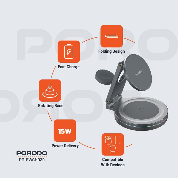 Porodo Rotating Base Three-Device Wireless Charger with 15W Wireless Output, Folding Design, Fast Charging, Type-C Input Interface, Lightweight & Portable - Gray